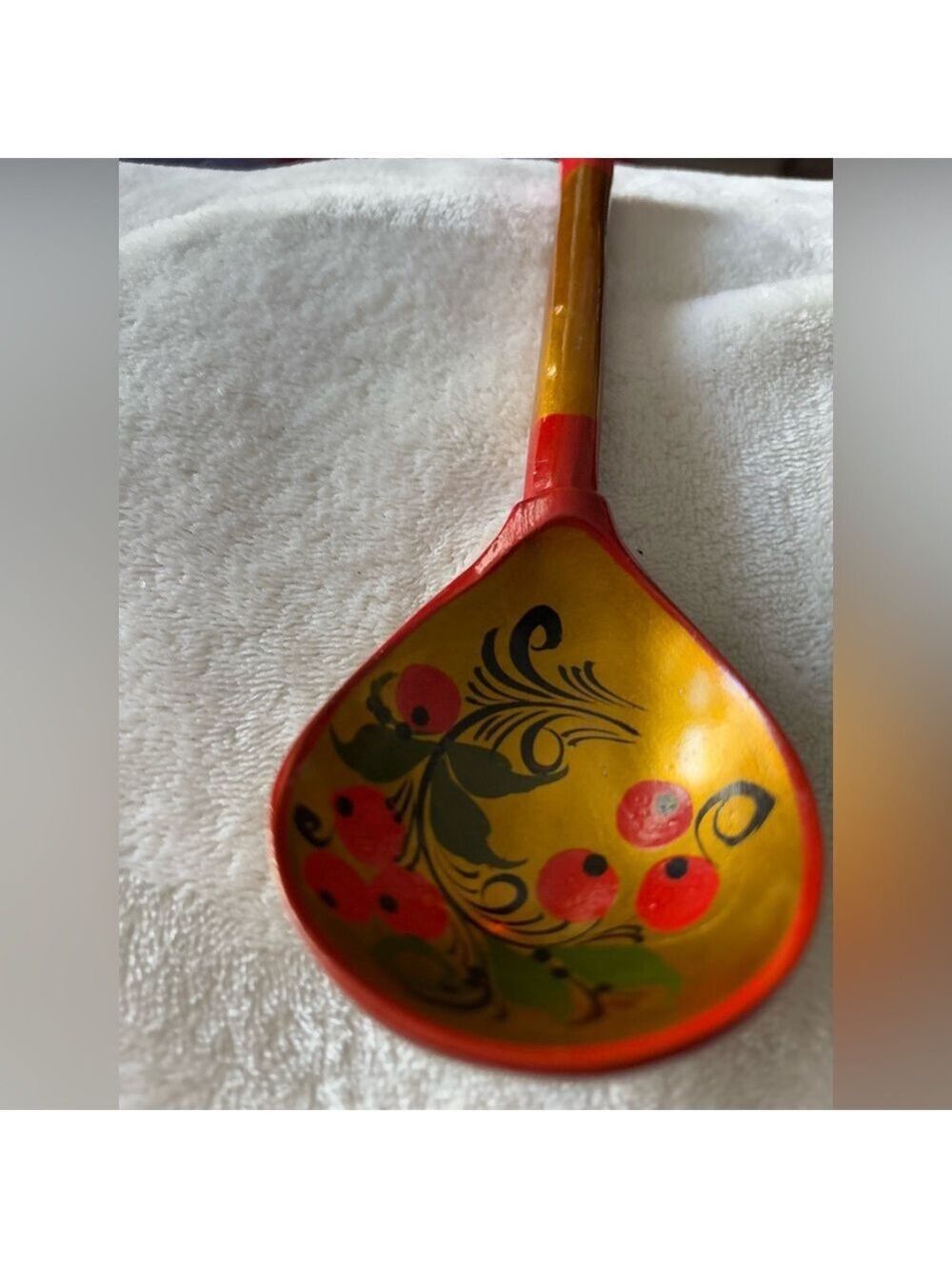Vintage Khokhloma Russian Lacquer Wood Spoon • Hand-Painted Gold Folk Art • 7.5” - Picture 5 of 14